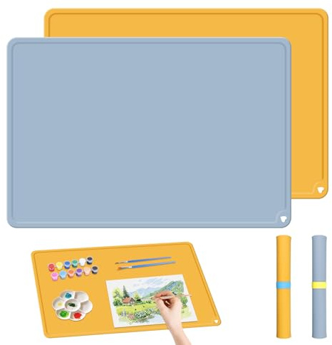 2 Piezas Tapete de Silicona para Pintura, Alfombra Antiadherente y Lavable | 60×40 cm Alfombrilla de Manualidades con Bordes Elevados, para Manualidades, Pintar, Resina, Hornear (Azul y Amarillo)