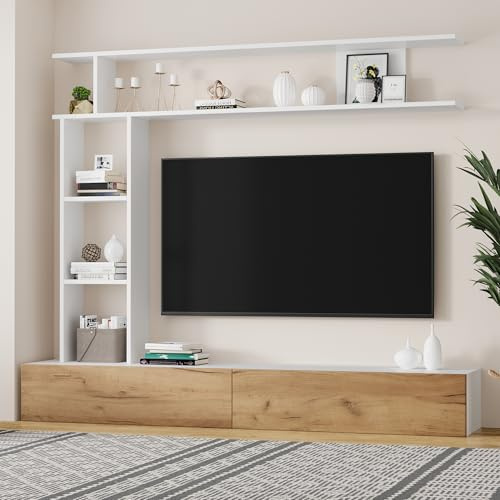 BXEYXE 180 * 35 * 22.5cm TV Wohnwand-Set mit Vitrinen,Mediawand inkl.TV-Board, Standregal und Wandregal,TV Wohnzimmermöbel-Set,TV-Schrank, stehend&hängend,TV bis 80',Weiß + Holzfarbe