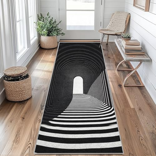 3d Optische Täuschung Teppich Läufer Schwarz Und Weiß Gestreifter Teppich Läufer Flur 60 x 240 cm rutschfest Waschbar Küchenteppich Teppichläufer für Korridor Eingang Küche Schlafzimmer Teppiche