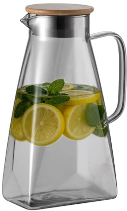 AMOJA 1,8L Glaskaraffe mit Deckel, Wasserkaraffe für Kühlschranktür | Borosilikatglas Wasserkrug mit Griff, Kühlschrankkrug Glaskrug für Heißes/Kaltes Wasser, DIY Getränke, Eistee Glaskanne