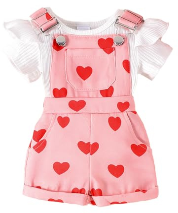 JENJON Abbigliamento Estivo per Bambina Set Top a Coste a Maniche Corte con Volant + Regolabile Salopette Corta con Stampa Floreale/a Cuori e Tasca Vestiti Set
