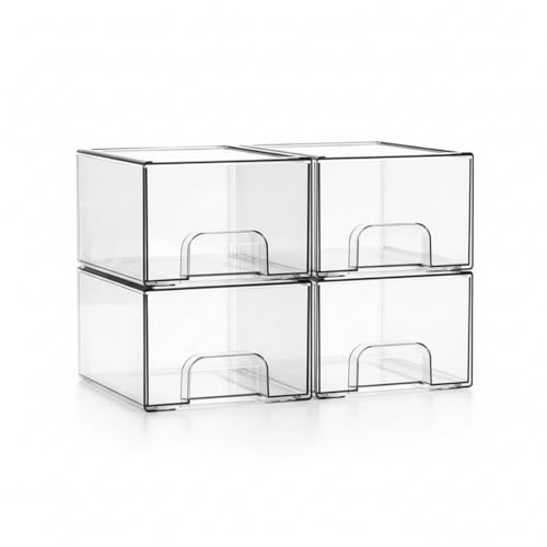 EcoFirst Acrylic Makeup Storage Drawers - Clear Stackable Cosmetic Organiser with Pull Out Drawer for Vanity Bathroom Use - Skincare and Beauty Box for Desktop, Cupboard or Under Sink (4 Pack)