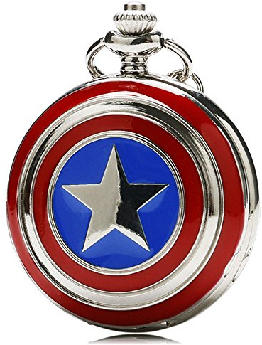 Orologio da taschino o collanina a forma di scudo di Capitan America, effetto bronzo antico retrò/vintage, da uomo, catenina da 80 cm