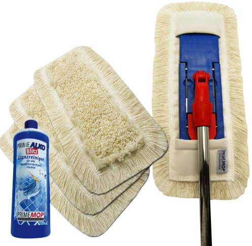 PrimeMop 6 in 1 Profi Baumwolle Bodenwischer Set – Putzmittel in Industriequalität – Mop Set 50cm – Inklusive ALKO Blitz Glanzreiniger – Wischer Set