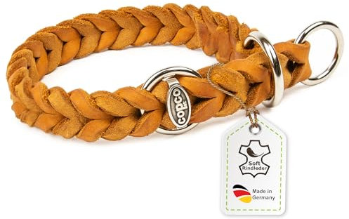 CopcoPet Hundehalsband Würger 30–35 cm x 15mm Cognac – Geflochtenes Halsband mit Zugstopp & verchromtem Ring – Aus robustem Fettleder – Für kleine Hunde – Weiches Lederhalsband fürs Training