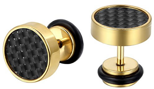 JewelryWe Schmuck Herren Damen Ohrringe, Kohlefaser Inlay Ohrstecker, 9mm, Edelstahl, Gold Schwarz
