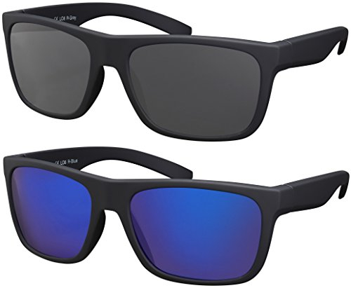 La Optica B.L.M. Herren Sonnenbrille UV400 Männer Sportbrille Fahrradbrille - Doppelpack Set Gummiert Schwarz (Gläser: Grau, Blau Verspiegelt)
