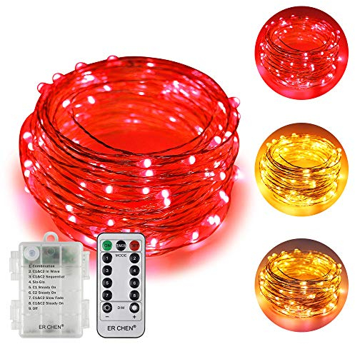 ErChen batteriebetriebene Zweifarbige Led Lichterketten, 33 FT 10M 100 Leds Farbe ändern Dimmbar 8 Modi Silber Kupfer Draht-Lichterketten mit Fernbedienung Timer für Innen Außen (Warmweiß, Rot)