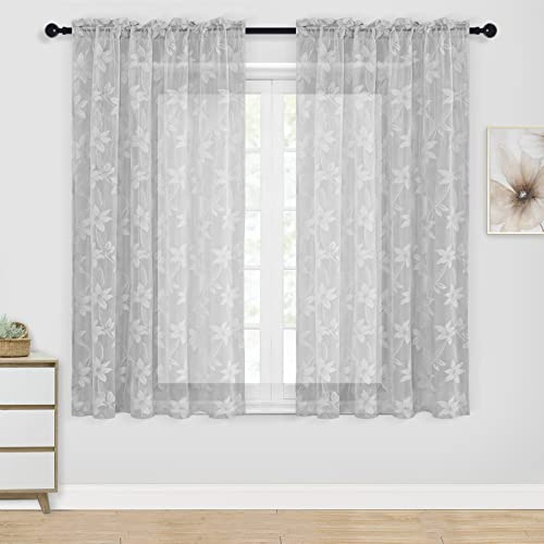 DWCN Spitzen-Gardinen, transparente Voile-Gardinen mit floralem Spitzendesign und Stangendurchzug für Schlafzimmer und Küche, kurze Gardinen, 132,1 x 137,2 cm (B x L), 2er-Set, Grau