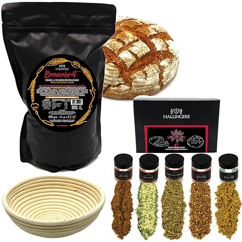 Hallingers Komplett-Set Bauernbrotmix, Gewürze und Gärkorb - Natürliche Brotbackmischung frisch aus der Mühle im Komplett-Set (Set) - Geschenk im Sommer & als perfektes Grillgeschenk | Neues Zuhause R