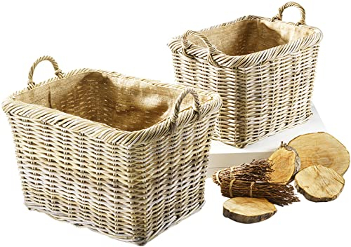 Kobolo Aufbewahrungskorb aus Rattan, grau, 2er Set, robuster Korb mit Griffen und Leinenfutter, Tragekorb, Allzweckkorb, Universalkorb, dekorativ & praktisch