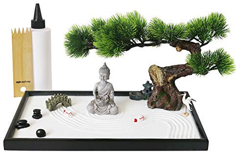 Japanese Zen Garden Kit for Desk - Meditation Rock Sand Garden for Birthday Gift Office Home Desktop Relaxation Decor Bamboo Rakes Bonsai Tree Pagoda Accessories Tools Kits