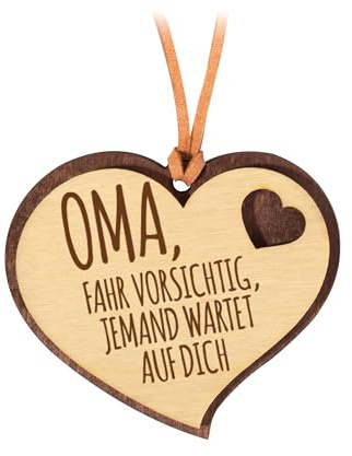OMA FAHR VORSICHTIG... - Glücksanhänger aus Holz fürs Auto Rückspiegel. Aufhänger mit Lederriemen. Spiegelanhänger 007.