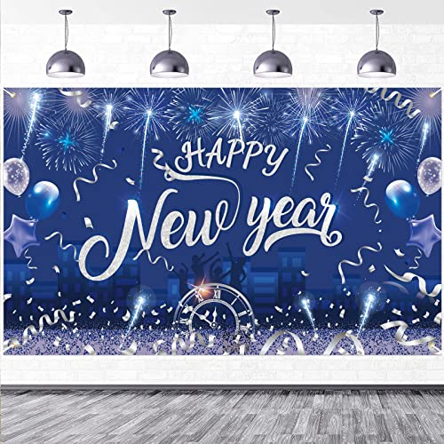 DPKOW Frohes Neues Jahr Banner für 2026 Silvester Deko, Großes Stoff Neujahrs Hintergrund Banner for 2026 Neujahr Deko Innen Außen, Blau Silberne Feuerwerk Ballons Folienstreifen Null Uhr, 185*110cm