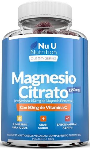 Magnesium Citrate Gummies 1250mg for Adults and Kids (5+) - 60 Vegan Gummies - Berry Flavour - Providing 150mg of Elemental Magnesium & 80mg of Vitamin C - Made in the UK - Nu U Nutrition