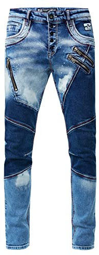 Rusty Neal Jeanshose 'URUMA' Colorblock-Vintage-Used Streetwear Jeans Denim Reißverschluss Offene Knopfleiste Slim-Fit Ultra-Washed 237, Farbe:Blue Used, Größe Jeans L32:34W / 32L