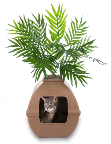 Good Pet Stuff, The Courtyard - Caja de Arena Oculta, Plantas Artificiales y Caja de Arena Cuadrada Cerrada para Gatos, Filtro ventilado y de Olor, fácil de Limpiar, marrón Moca