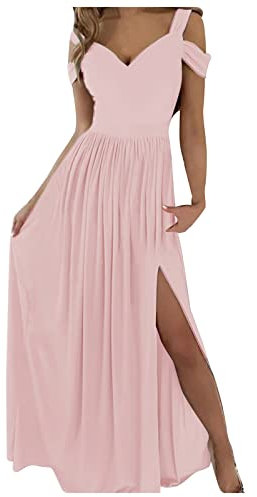 QWUVEDS Abito da sera da donna lungo senza spalle elegante, alla moda, elegante, per feste, feste, con spacco, rosa intenso, M