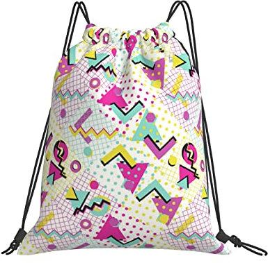 Bunte abstrakte 80er-Jahre-Stil-Musiknoten,Unisex-Rucksack mit Kordelzug,Polyester-Cinch-Sack,wasserdichter Sport-Turnbeutel,lässiger Tagesrucksack für Damen