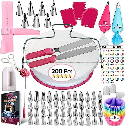 MAOYUTOU Torten Zubehör Set 200 Stücke Tortenplatte Drehbar Backzubehör Set mit Tortendrehscheibe und Spritztüllen Spritzbeutel Abgewinkelter Spatel Muffinförmchen