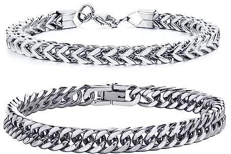 GoPaw 2 Stück Herren Armband Panzerkette, Edelstahl Herren Armband Schwarz Silber Panzerkette Armbänder Hip Hop Jewelry Cuban Link Chain Armbänder für Männer Jungs (Silber-19cm)