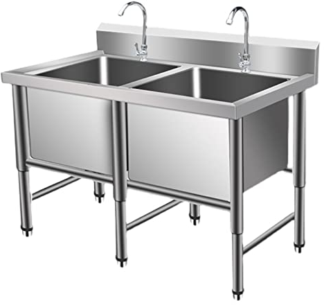TRGCJGH Küchenspüle Doppelbecken Spültisch,Freistehende Edelstahlspüle, Küche Spüle Mit Wasserhahn, Waschbecken Für Außen, Innen, Küche, Restaurant(120X70X80cm/47.2X27.5X31.4)