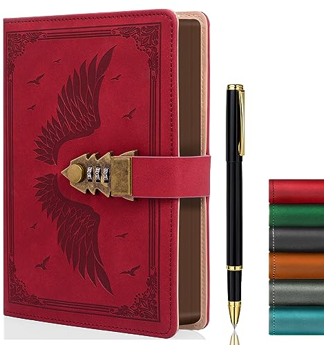 ZXHQ Tagebuch mit Schloss für Frauen/Männer, geheimes Tagebuch für Mädchen, A5 Notizbuch mit Stift Set Nachfüllbares Leder Journal Schreiben Notizbuch Größe A5(15.9 × 21.5cm) Weinrot