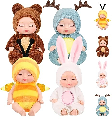 EKKONG Baby Reborn Puppen, Babypuppe 4 Stück, Baby Mini Puppen,Waschbares PVC-Material,Mini Schlafende Wiedergeburt Puppen für Mädchen, Kleinkinder, Kinder