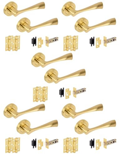 Hunta HANDLEZONE® 5 Sets Zena Internal Door Handles on Rose Lever Latch Packs with Ball Bearing Hinges - Brushed Brass