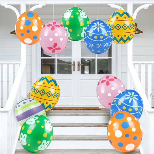 Aufblasbare Ostereier für den Außenbereich, 45,7 cm, 12 Stück, große, bunte Ostereier, aufblasbar, für Urlaub, riesige dekorative hängende aufblasbare Ornamente für Hof, Rasen und Party