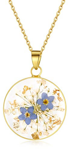 Collier de fleurs pressées en dentelle Myosotis et Queen Anne | Collier de fleurs pressées en or | Colliers personnalisés faits à la main pour femmes | Bijoux Myosotis | collier femme | 45 CM