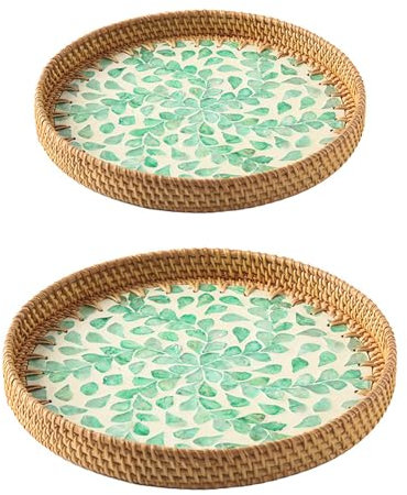 2-teiliges Rundes Rattan-Tablett mit Perlmutteinlage, Rundes Dekoratives Rattan-Serviertablett, Rattan-Serviertablett mit Holzsockel, Aufbewahrung und Präsentation von Kaffee, Brot, Lebensmitteln,(B)