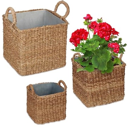 Relaxdays Plant Basket with zinc Tray, Set of 3 Pflanzkorb mit Zinkwanne 3er Set, Verschiedene Größen, Pflanzgefäß Seegras, Garten, Balkon, Kübel eckig, Natur, 70% Pflanzenfaser, 30% Metall