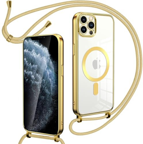 Oelrstfe Funda Transparente con Cuerda para iPhone 11 Pro, Carcasa Magnética Suave Silicona Case Antichoque con Correa Colgante Ajustable Collar Correa de Cuello Cadena Cordón para iPhone 11 Pro - Oro