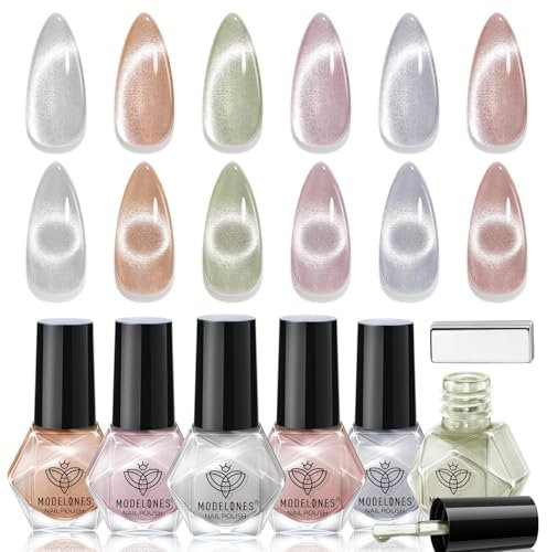 Modelones Cat Eye Nail Polish Set, 6 Colors Magnetic Crystal Velvet Quick Dry Red Pink Nail Varnish Green Orange Purple Silver Mini Nail Polish Kit, Long Lasting Manicure Home DIY for Women