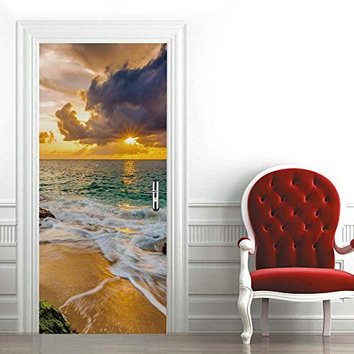 Sticker Porte Trompe l'oeil Effect 3D Poster Trompe l'oeil Porte Mural Intérieure pour Décoration Mur Salon Cuisine Chambre Salle de Bain Papier Peint 83x204 cm Plages et paysages