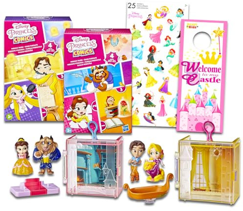 Disney Prinzessinnen-Mini-Puppen-Spielset für Mädchen – Bündel mit 2 Disney Prinzessinnen-Figuren-Sets mit Rapunzel, Die Schöne und das Biest plus Aufklebern | Disney Prinzessin perfekte Paare