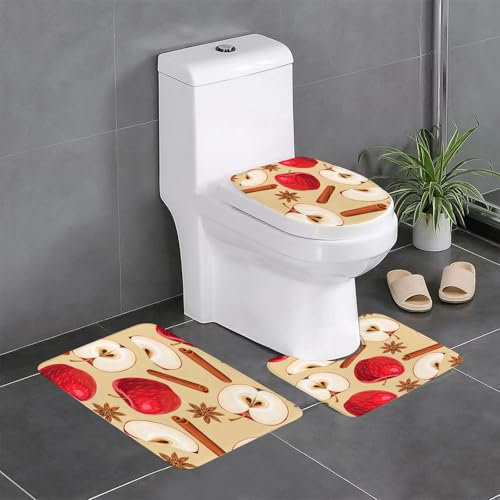 AELKSP Badezimmerteppich Set 3 Teilig,Apfel und Zimt nahtlos,rutschfest Waschbar Badvorleger Set,Saugfähig Badematte Badteppich Set mit
