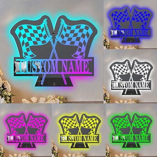 ASD Jewerly Personalisierte karierte Flagge Racing Spiegel Zeichen, benutzerdefinierte Name Racing Flagge Spiegel Wand Kunst Zeichen mit LED Licht, Flagge Racing Led Neon Licht Zeichen Wand