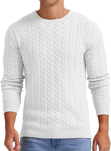 Sailwind Men's Cable Knit Jumpers Crewneck Jumper for Men Classic Pullover Sweater Soft Casual Knitwear with Ribbing Edge (White, L)