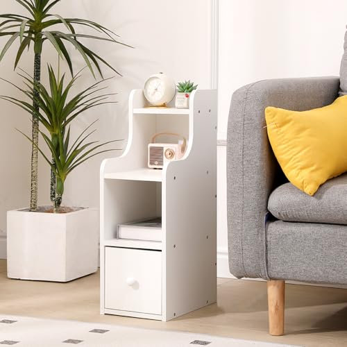 Slim Bedside Table, Narrow Nightstand Side Table, Bedside Cabiinet with 1 Drawer & 3 Open Shelves for Bedroom, Living Room Sofa Side End Table, White