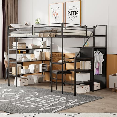 Merax Hochbett aus Metall, 140 x 200 cm, mit Schreibtisch, einfacher Kleiderschrank, und Regal, multifunktionales Hochbett mit Treppe, für Kinder, Schwarz (ohne Matratze)