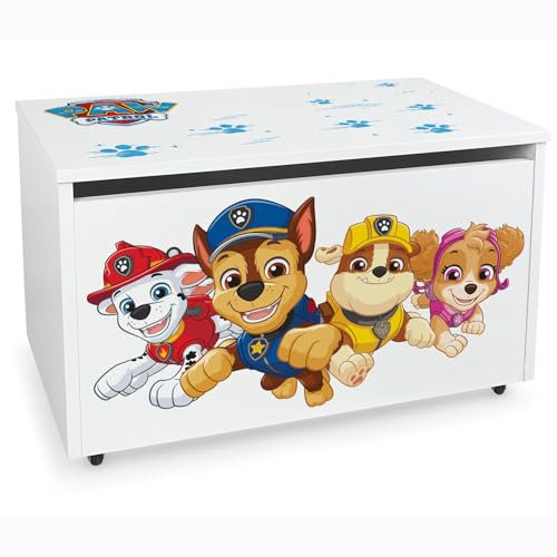 Leomark Holzspielzeugkiste auf Rädern, Sitzbank mit Stauraum, Spielzeugkiste mit Deckel, Kinderbank für Kinder, UV-Druck: Paw Patrol (Chase Skye Marshall Rubble)