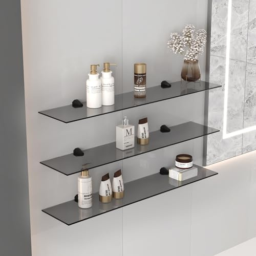 Euro Tische 90cm Glas Wandregal Grauglas- Glas Regal für Badezimmer in verschiedenen Größen - Grauglas Duschregal mit 6mm ESG Sicherheitsglas und Metallhaltern Montiert