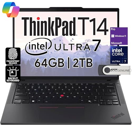 Lenovo ThinkPad T14 Business Laptop (14 FHD+ IPS, Intel Ultra 7 155U, 64GB DDR5 RAM, 2TB SSD), 5MP HD Webcam, 2 Thunderbolt 4, Wi-Fi 6E AI PC, Win 11 Pro