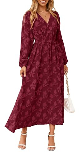 Simplee Womens Boho Floral Long Sleeve Maxi Dress V Neck Empire Waist Fall Wedding Guest Dresses with Pockets