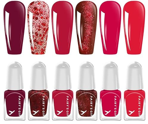 Red Nail Polish 6PCS Set - Quick Dry Nail Polish with Wine Red Glitter Pink Shades, Peel Off Nail Varnish Water Based Nails Polish No UV Need, Non-Toxic Long Lasting for Women Daily
