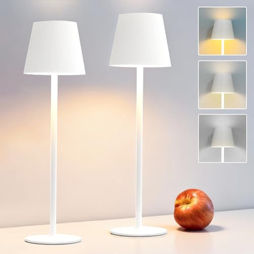 DEELUX 2 Stück LED Tischlampe Kabellos Dimmbar, Akku Nachttischlampe Weiß | Akku Tischlampe Kabellos,IP44 Wasserdicht USB-C Nachttischleuchte 2700K/3600/5000K,für Restaurant,Schlafzimmer,Büro, Garten