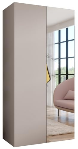 MEBLE KRYSPOL - Kleiderschrank - Garderobenschrank - 100 cm x 202 x 52 cm - Schrank mit Kleiderstange und Spiegel, 2 Türen - für Schlafzimmer, Flur - SANDI, Kaschmir, Griff Gold