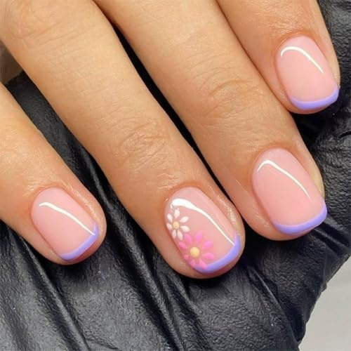 24Pcs Press on Nails Short, Purple French Tip, Floral Design